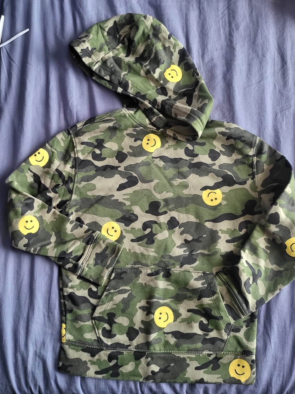Old Navy Green Camo Hoodie with Yellow Smile Faces